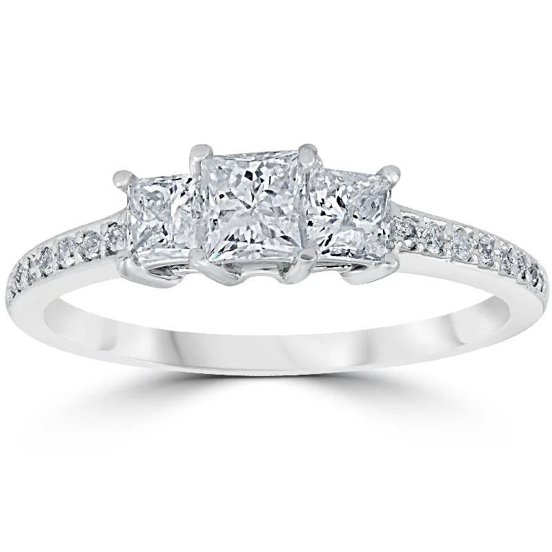 Ladies engagement rings with mixed metals-3/4 cttw Princess Cut 3 Stone Diamond Engagement Ring 14k White Gold