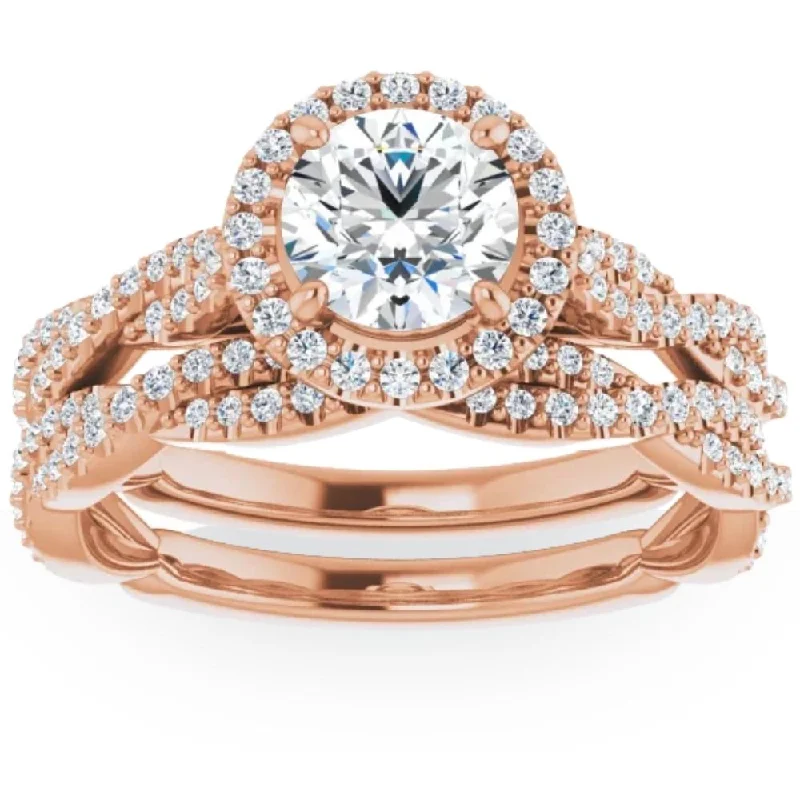 Ladies three-stone engagement rings-1 1/2ct Diamond Halo Vine Engagement Wedding Ring Set 14k Rose Gold