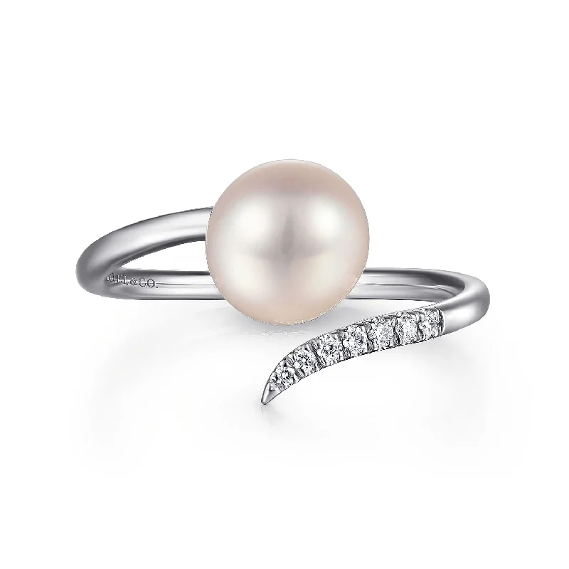 Ladies ring sets-14K White Gold Cultured Pearl and Diamond Open Wrap Ring