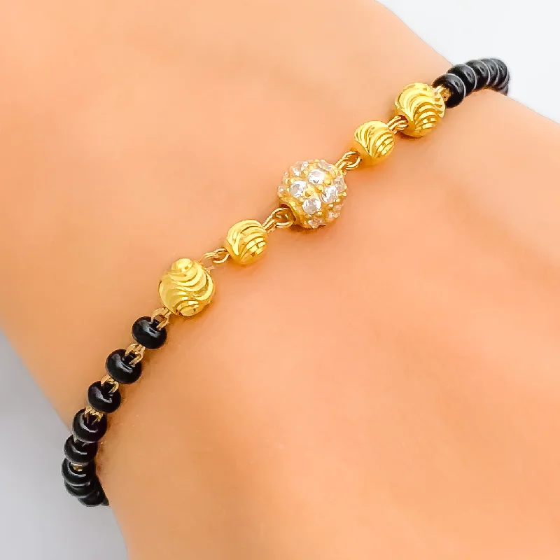 Ladies gemstone bangles-Timeless Delightful 22k Gold Black Bead CZ Bracelet