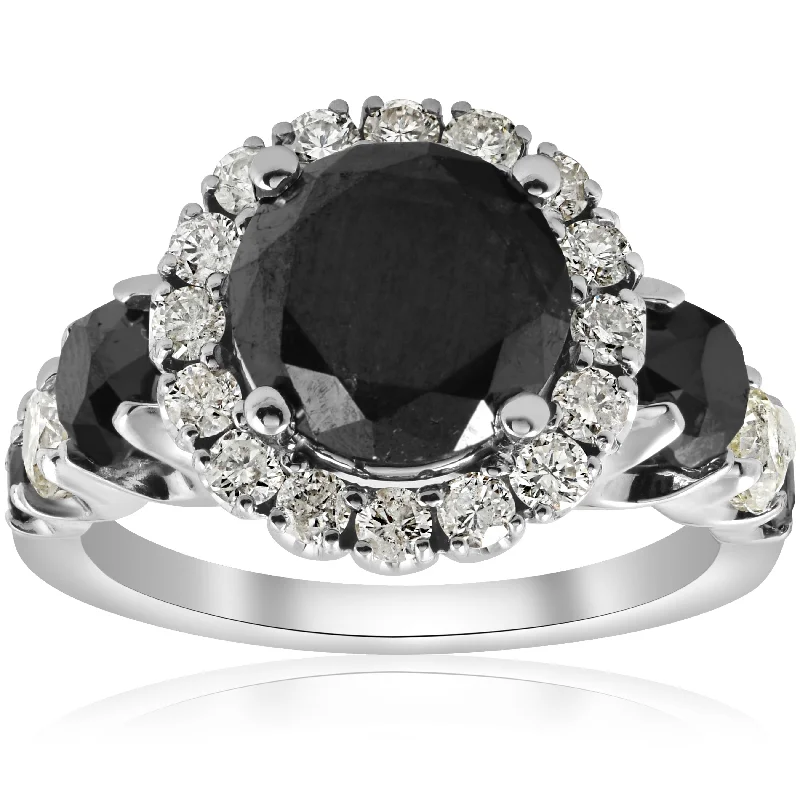 Ladies engagement rings for petite fingers-5ct Black & White Diamond Halo Engagement Ring 14k WHite Gold