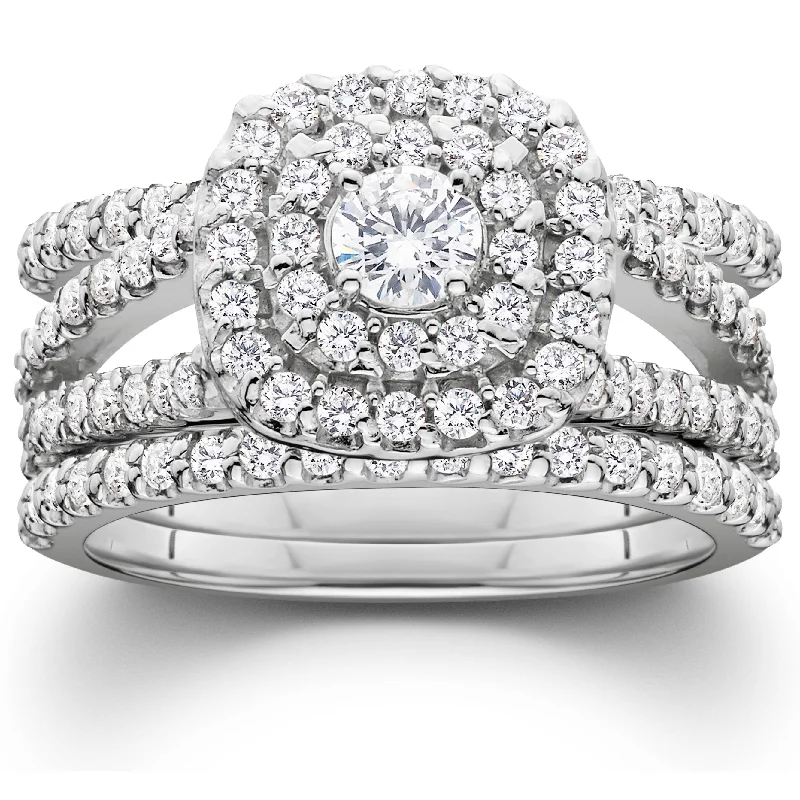 Ladies unique halo engagement rings-1 1/4ct Diamond Engagement Cushion Halo Wedding Ring Trio Set 10K White Gold