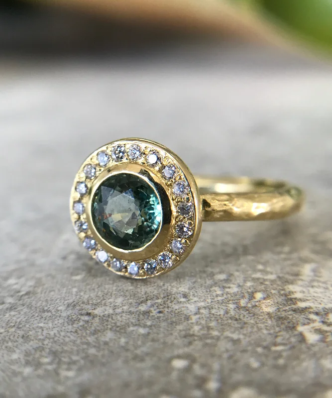 Ladies thick band rings-Green Sapphire Halo Ring