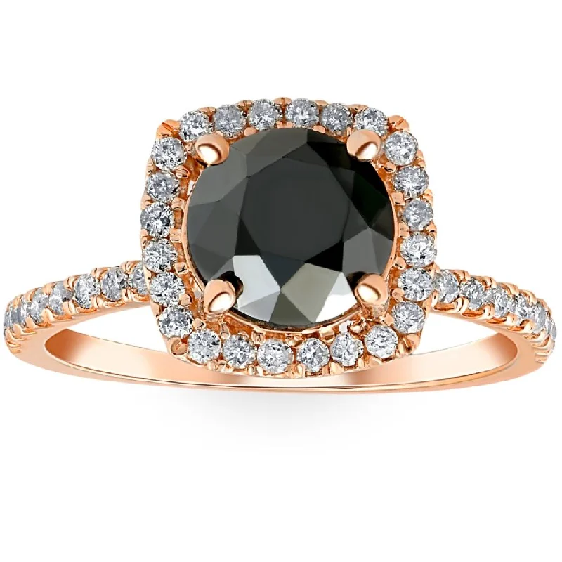 Ladies floral engagement rings with diamonds-2 1/2 Ct Black & White Diamond Cushion Halo Engagement Ring