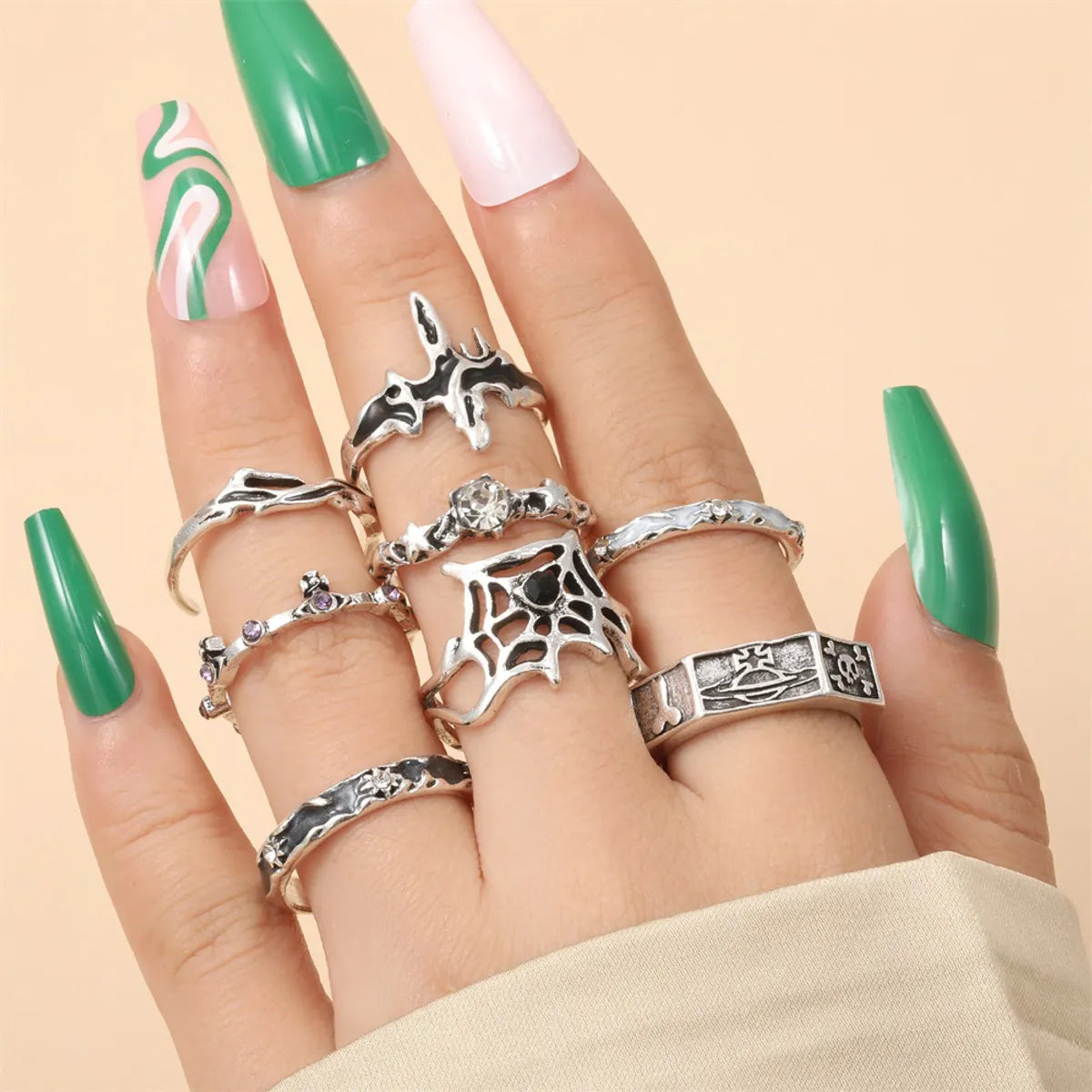 Ladies vintage-inspired rings-Vintage Style Simple Style Solid Color Spider Web Skull Alloy Enamel Inlay Artificial Rhinestones Silver Plated Unisex Open Rings