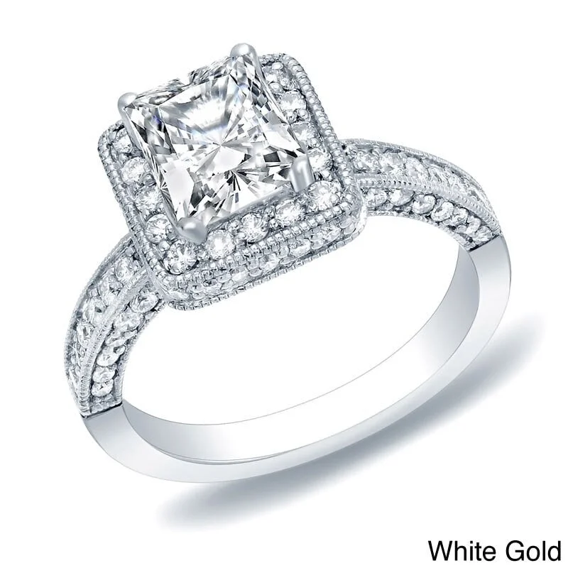 Ladies unique halo engagement rings-Auriya 14k Gold Vintage Princess-cut Halo Diamond Engagement Ring 2ctw