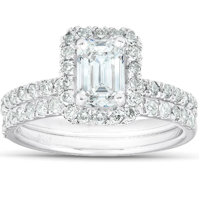 Ladies engagement rings with pearls-1 3/4 Ct Emerald Cut Diamond Halo Engagement Wedding Ring Set 14k White Gold