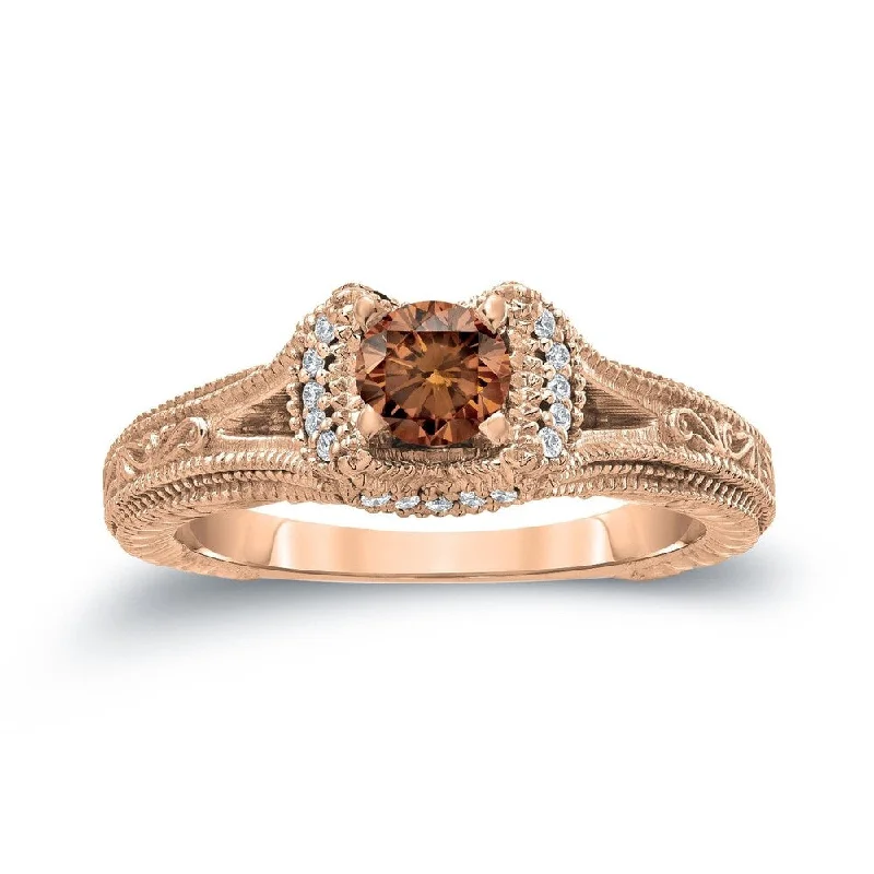 Ladies yellow gold engagement rings-14k Gold Vintage Carved Round 1/2ct TDW Brown Diamond Engagement Ring