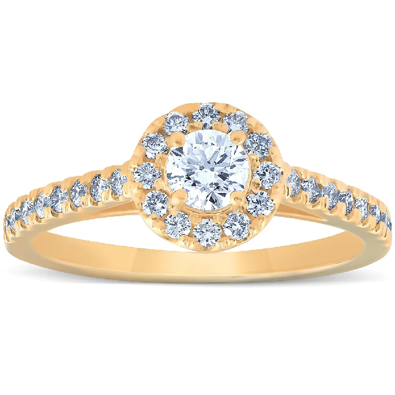 Ladies contemporary engagement rings-3/4 Ct Halo Round EX3 Lab Grown Diamond Engagement Halo Ring 10k Yellow Gold