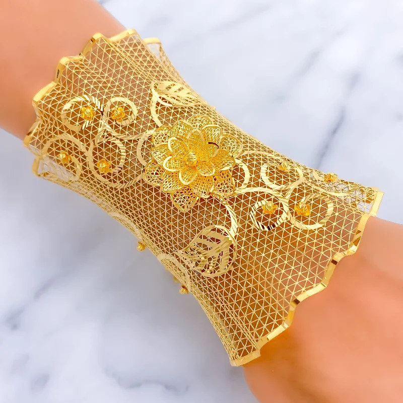 Ladies chain bangles-Impressive Netted Floral Vine 21K Gold Bangle Bracelet