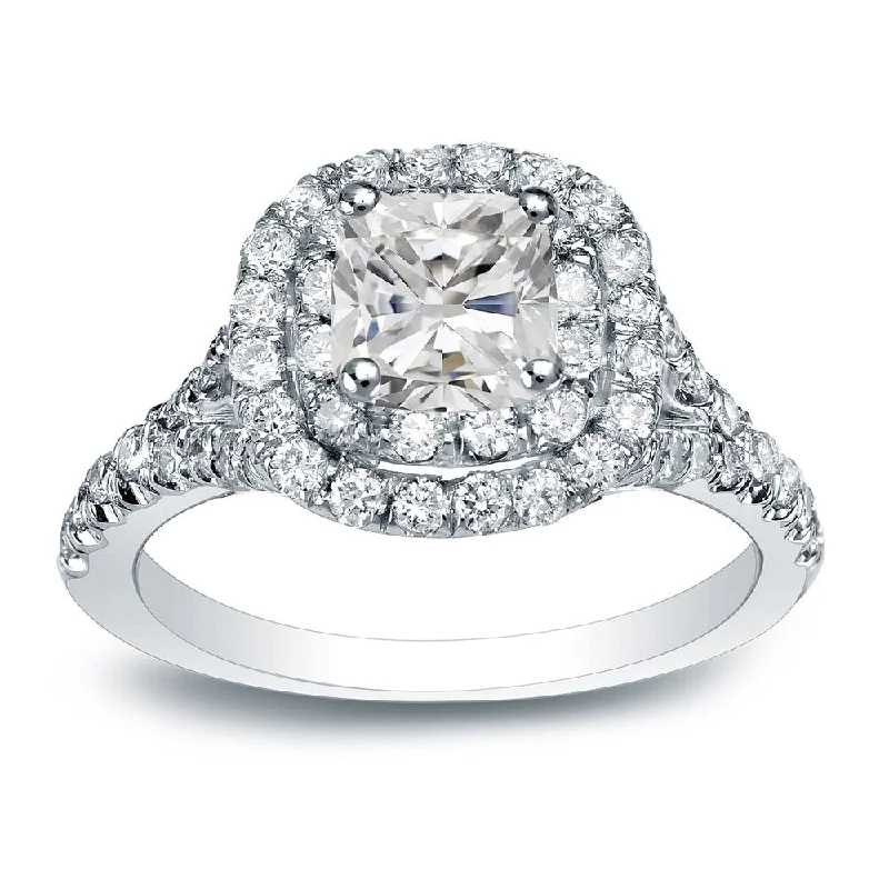 Ladies cushion cut engagement rings-Auriya Platinum 1 3/4ctw Cushion-cut Halo Diamond Engagement Ring Certified (H-I, I1-I2)