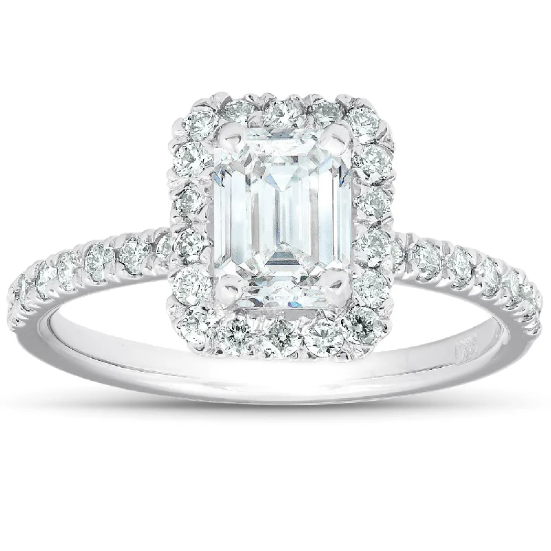 Ladies rose gold engagement rings with diamonds-1 1/2 Ct Emerald Cut Diamond Halo Engagement Ring 14k White Gold