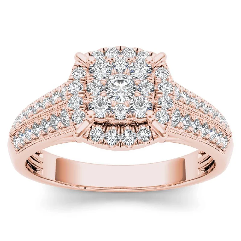 Ladies elegant engagement rings-De Couer 10k Rose Gold 1/2ct TDW Diamond Cluster Halo Engagement Ring - Pink