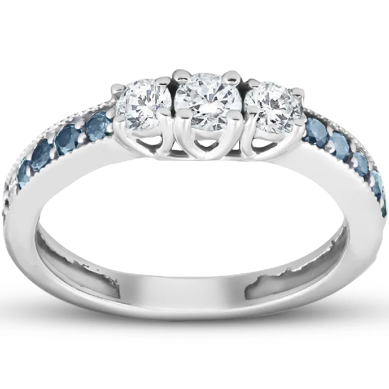 Ladies rose gold solitaire engagement rings-1/2 Ct Blue & White Diamond Three Stone Engagement Anniversary Ring White Gold