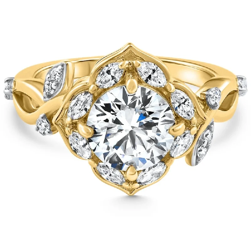 Ladies wide band engagement rings-Certified 2.53Ct Round Diamond Engagement Vine Petal Ring Yellow Gold