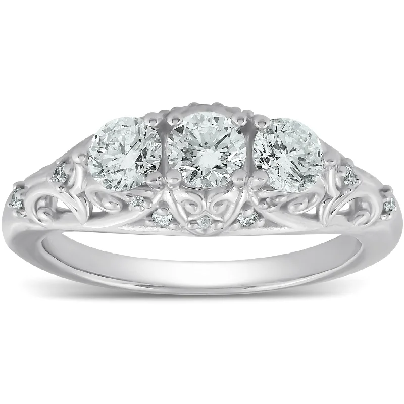 Ladies engagement rings with vintage designs-1ct Three Stone Vintage Engagement Unique Ring With Accents 14k White Gold