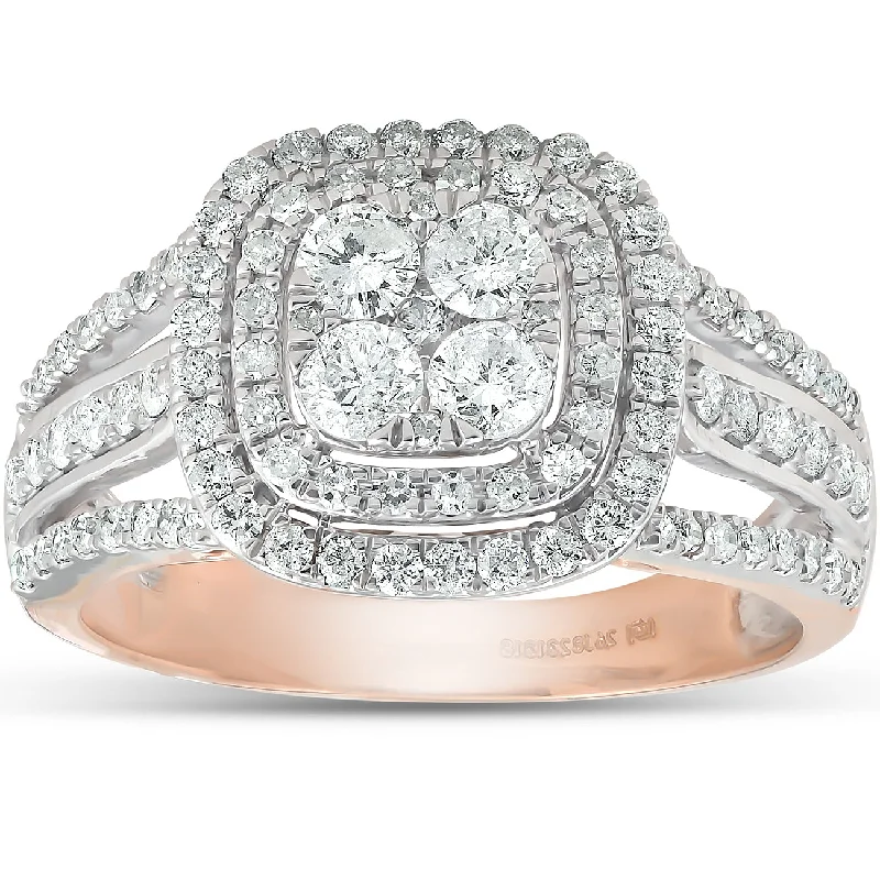 Ladies diamond halo engagement rings-1 1/10 Ct Diamond Cushion Halo Multi Row Engagement Ring Wedding Set Rose Gold