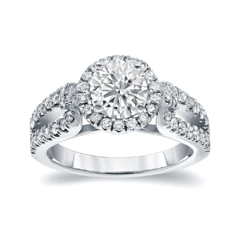 Ladies engagement rings with vintage designs-Auriya Modern Split Shank 1 1/2ct TDW Round Diamond Halo Engagement Ring 14k White Gold (I-J, I1-I2)