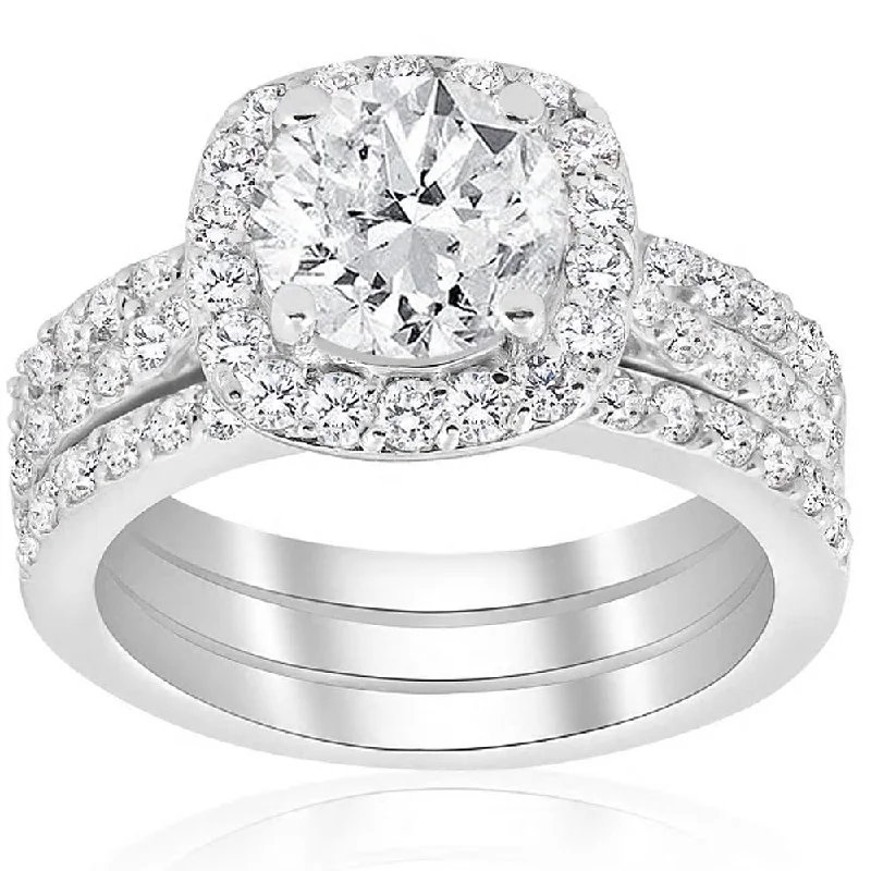 Ladies diamond halo engagement rings-2 3/4 ct Cushion Halo Diamond Engagement Wedding Ring Trio Set 14k White Gold