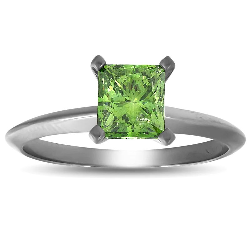 Ladies emerald cut engagement rings-1 Ct Princess Cut Green Diamond Solitaire Engagement Ring 14k Black Gold