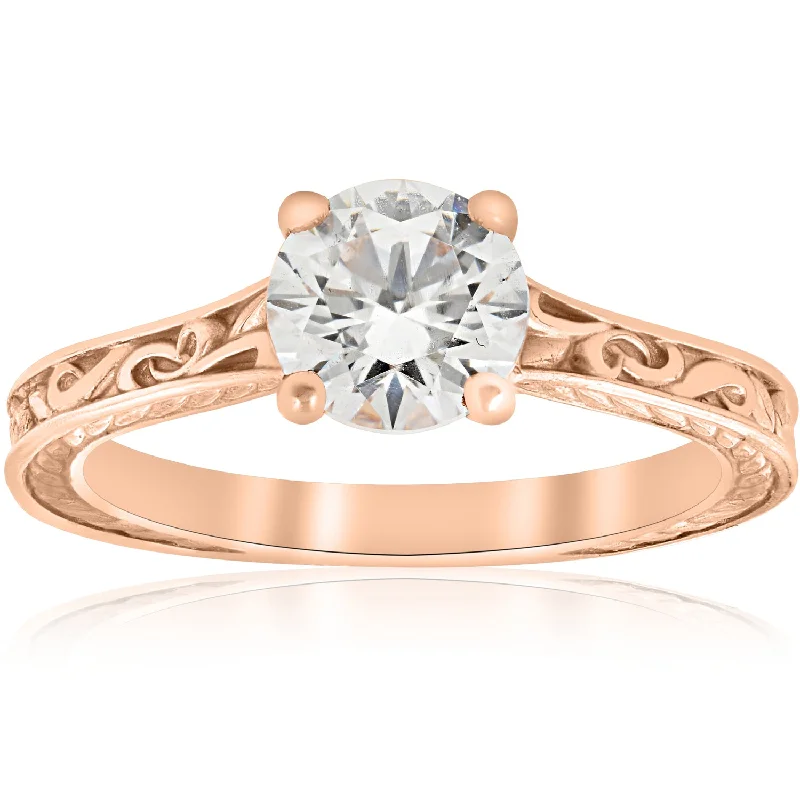 Ladies timeless engagement rings-1ct Diamond Solitaire 14k Rose Gold Vintage Engagement Ring Art Deco Filigree