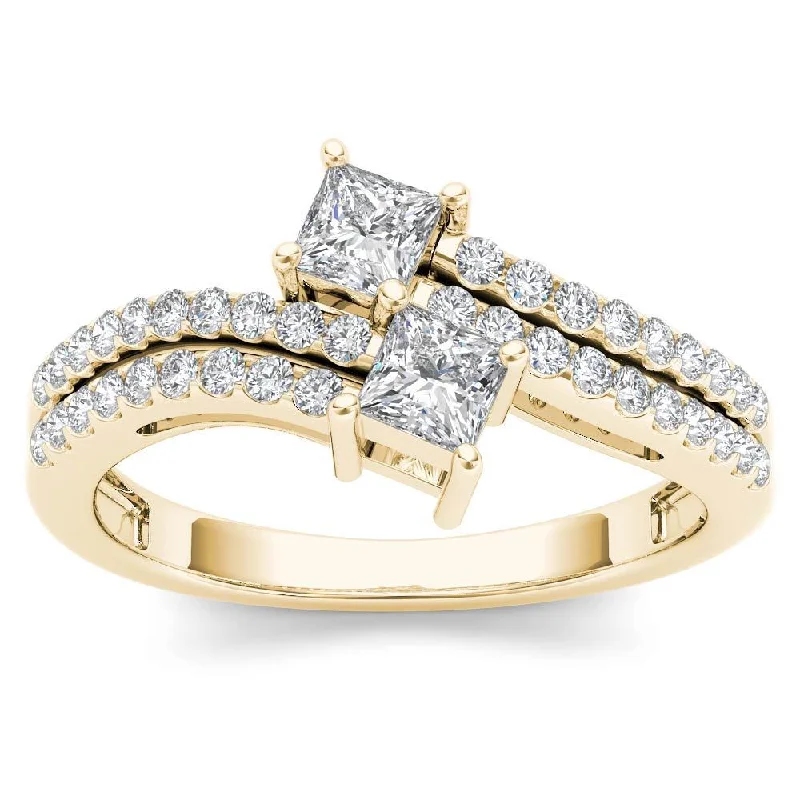 Ladies engagement rings with baguette diamonds-De Couer 14k Yellow Gold 3/4ct TDW Two-Stone Diamond Engagement Ring