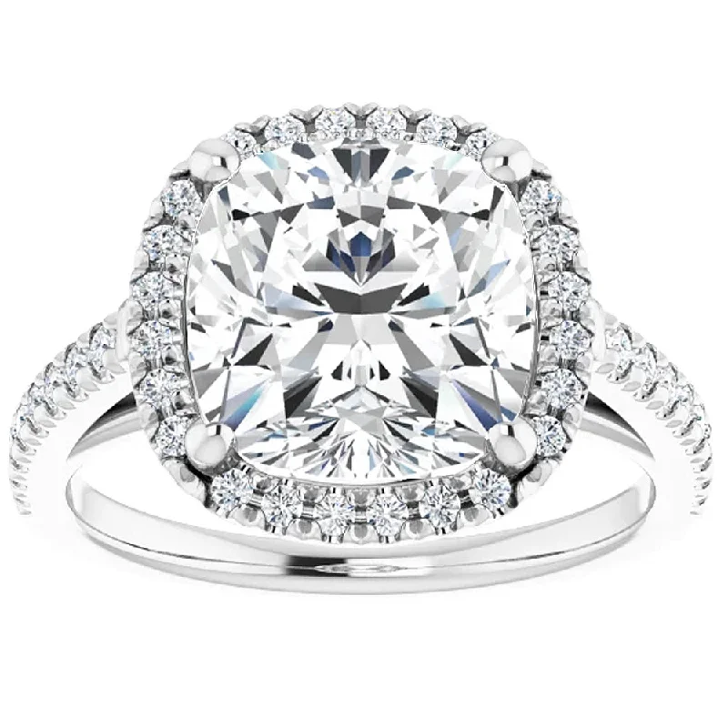 Ladies two-tone engagement rings-3 1/2 Ct Cushion Moissanite & Lab Diamond Engagement Halo Ring 10k White Gold