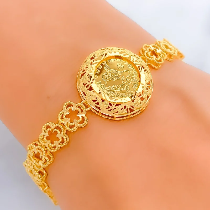 Ladies dainty bracelets-Radiant Round 21k Gold Floral Bracelet