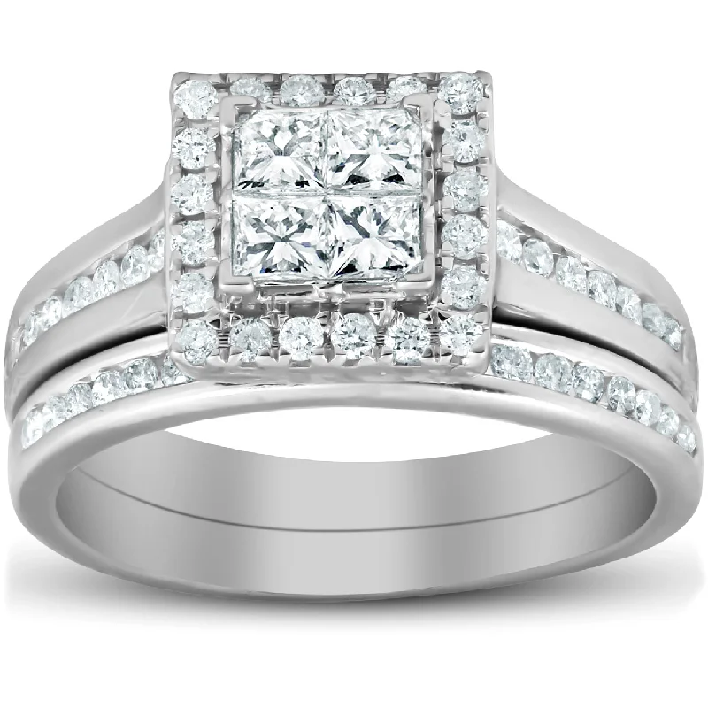 Ladies halo engagement rings-1 Ct TDW Princess Cut Halo Diamond Engagement Wedding Ring Set 10k White Gold