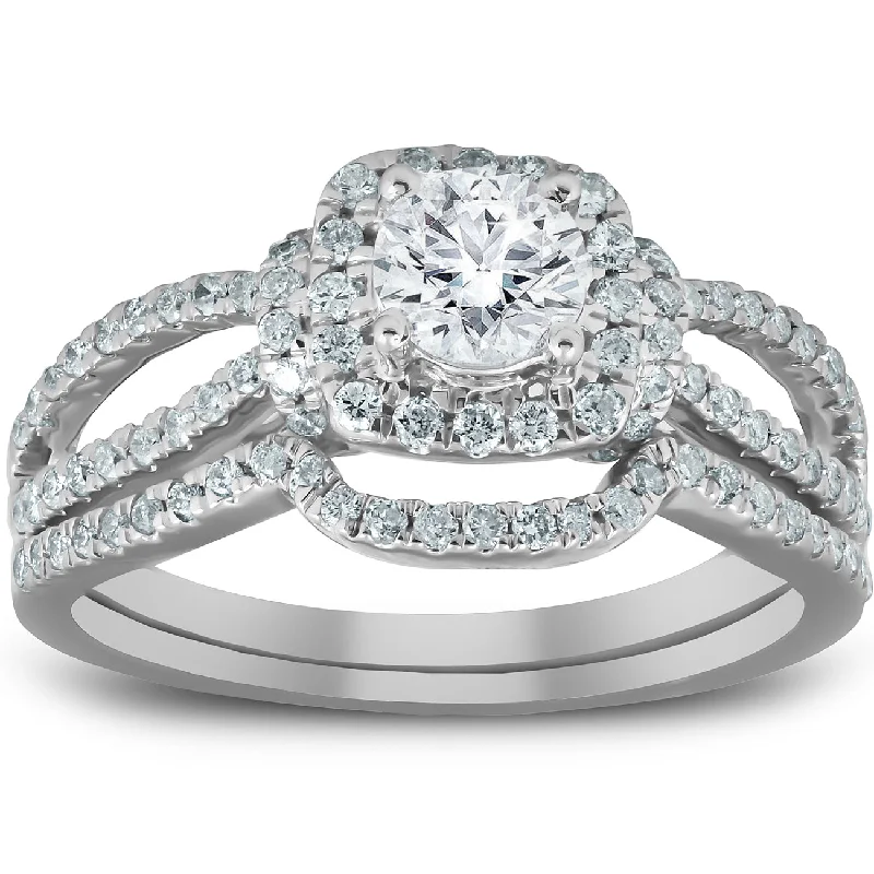 Ladies solitaire engagement rings-1 1/4 Ct Cushion Halo Split Band Halo Diamond Engagement Wedding Ring White Gold