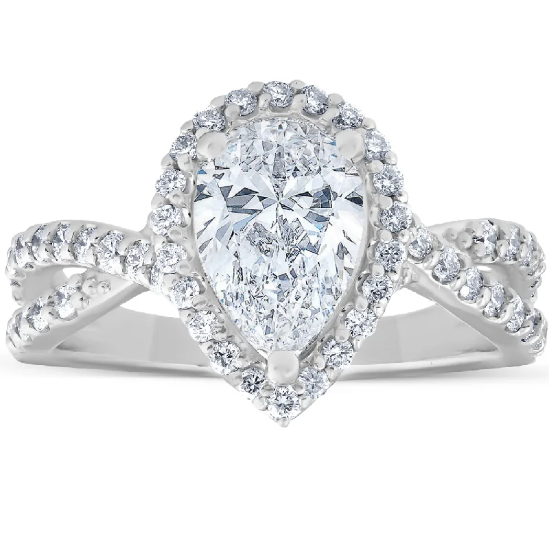 Ladies engagement rings with side stones-1.60Ct Pear Shape Halo Diamond Twist Engagement Ring 14k White Gold