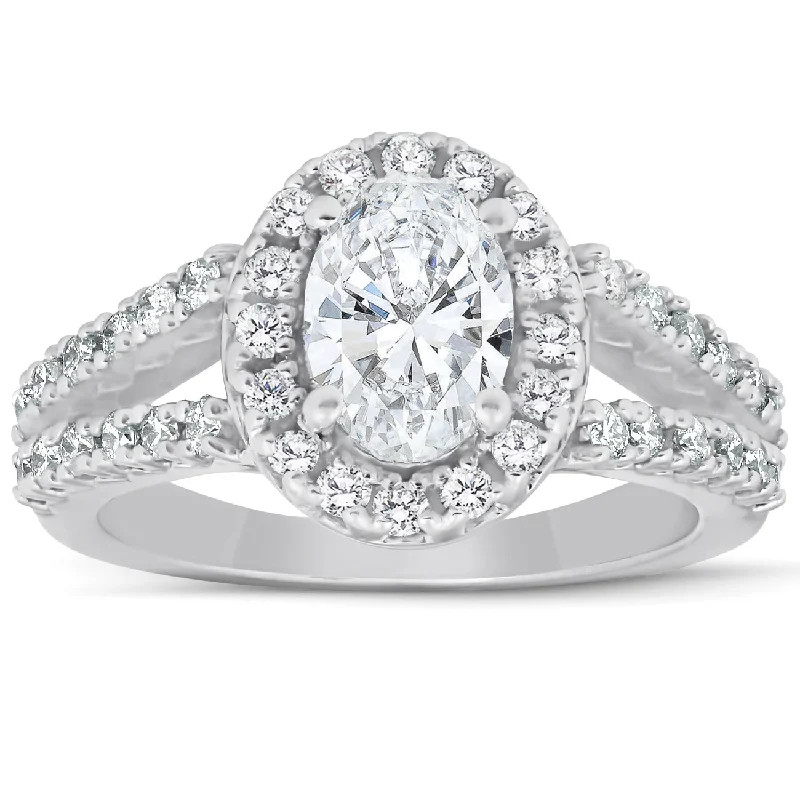 Ladies custom engagement rings-1 1/2 Ct Oval Cut Diamond Halo Split Shank Engagement Ring 14k White Gold