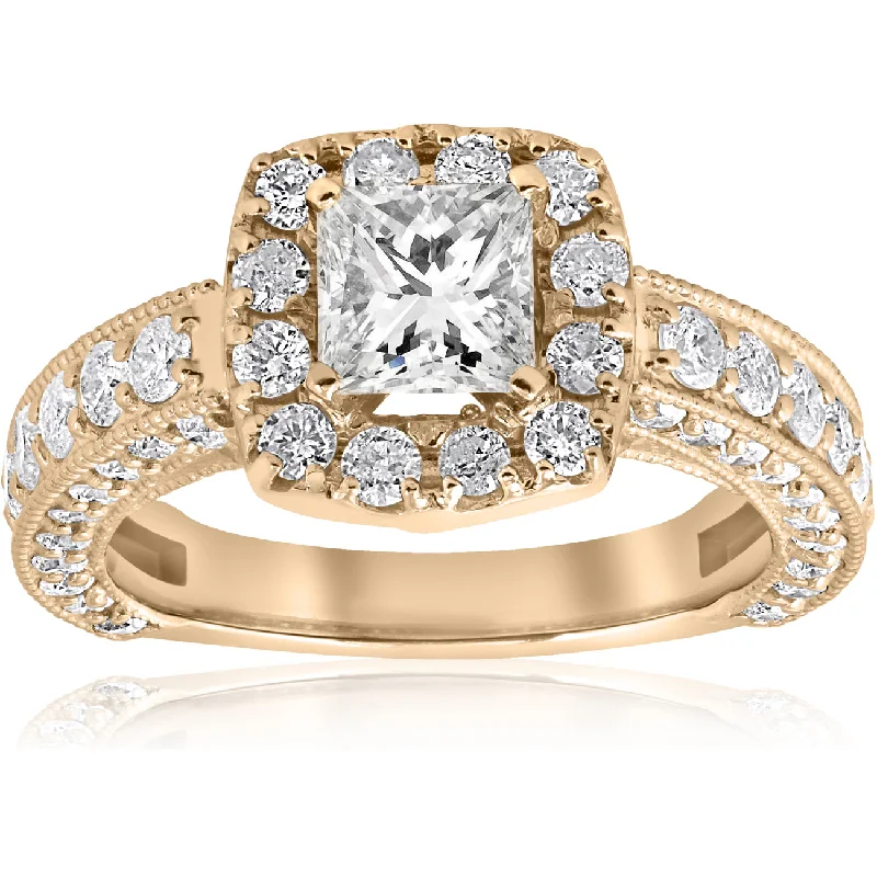 Ladies heart-shaped engagement rings-2 1/2ct Princess Cut Diamond Engagement Ring Cushion Halo 14k Yellow Gold