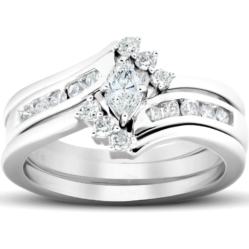 Ladies square halo engagement rings-1/2 Ct Marquise Diamond Engagement Trio Wedding Ring Set 10k White Gold