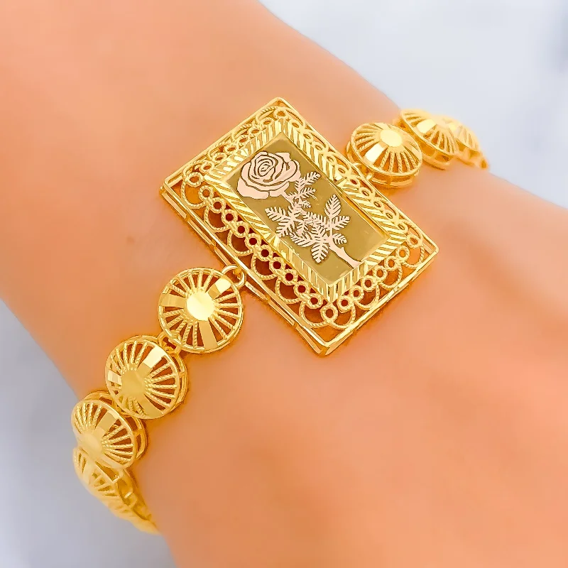 Ladies diamond tennis bracelets-Modish Rectangular 21k Gold Flower Bracelet