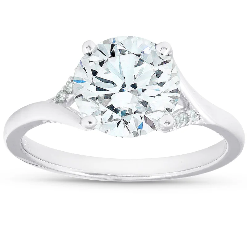 Ladies 3-stone engagement rings-2 1/2 Ct Moissanite & Diamond Engagement Ring 14k White Gold