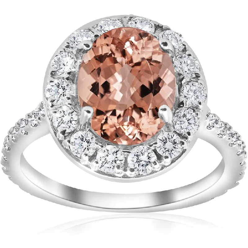 Ladies classic solitaire engagement rings-3 ct Oval Halo Morganite Diamond Vintage Engagement Ring 14k White Gold