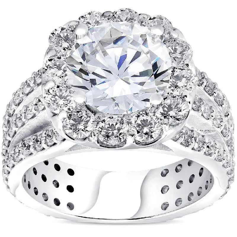 Ladies modern solitaire engagement rings-4 1/2ct Cushion Halo Diamond 3-Row Engagement Ring 14k White Gold