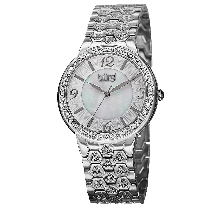 Ladies statement bracelets-Burgi Women's Swiss Quartz Crystal-Accented Brass Silver-Tone Bracelet Watch