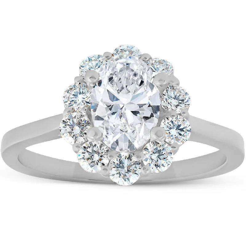 Ladies solitaire engagement rings-1 5/8 Ct Oval Lab Created Moissanite & Diamond Halo Engagement Ring White Gold