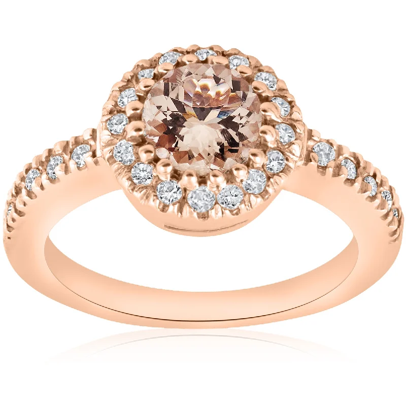 Ladies unique engagement rings-1ct Pave Diamond Morganite Halo Engagement Ring 14k Rose Gold