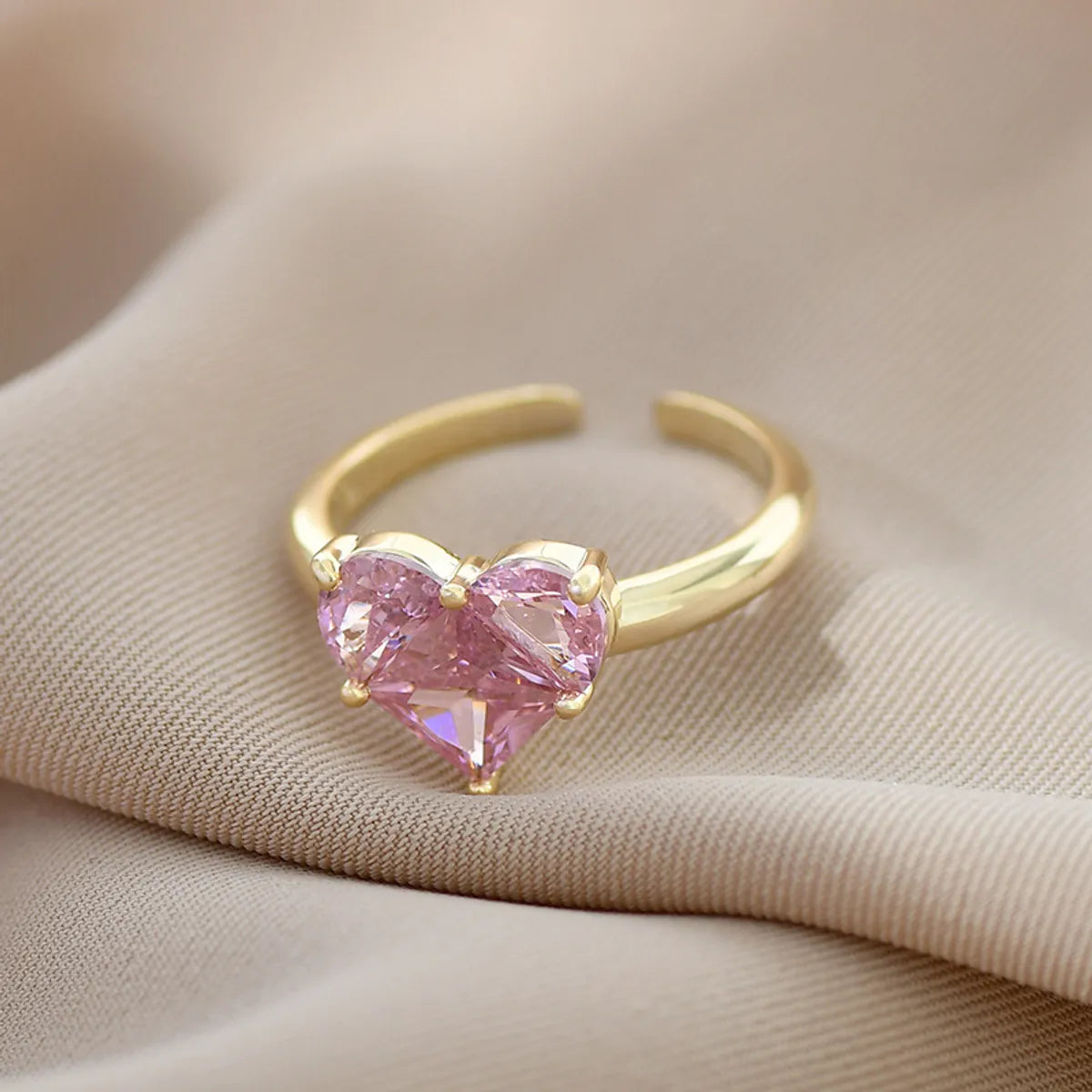 Ladies stackable rings with colorful stones-Sweet Heart Shape Copper Open Ring Gold Plated Zircon Copper Rings 1 Piece