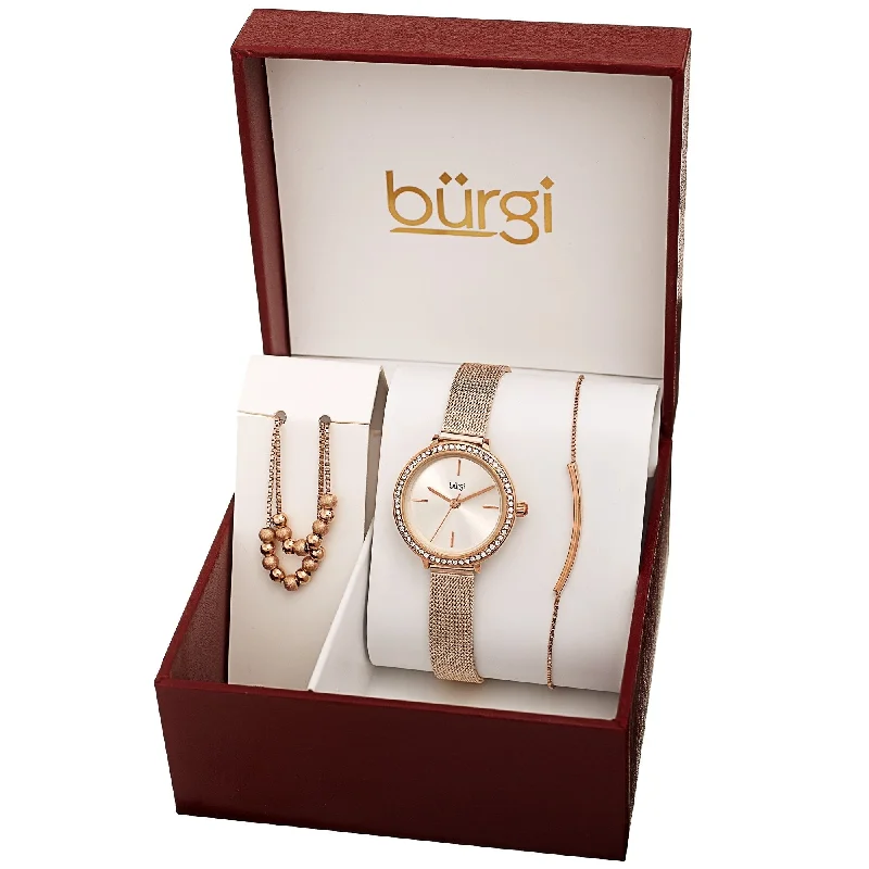 Ladies crystal bracelets-Burgi Women's Beaded Necklace Bar Bracelet Swarovski Mesh Watch Fashion Box Set