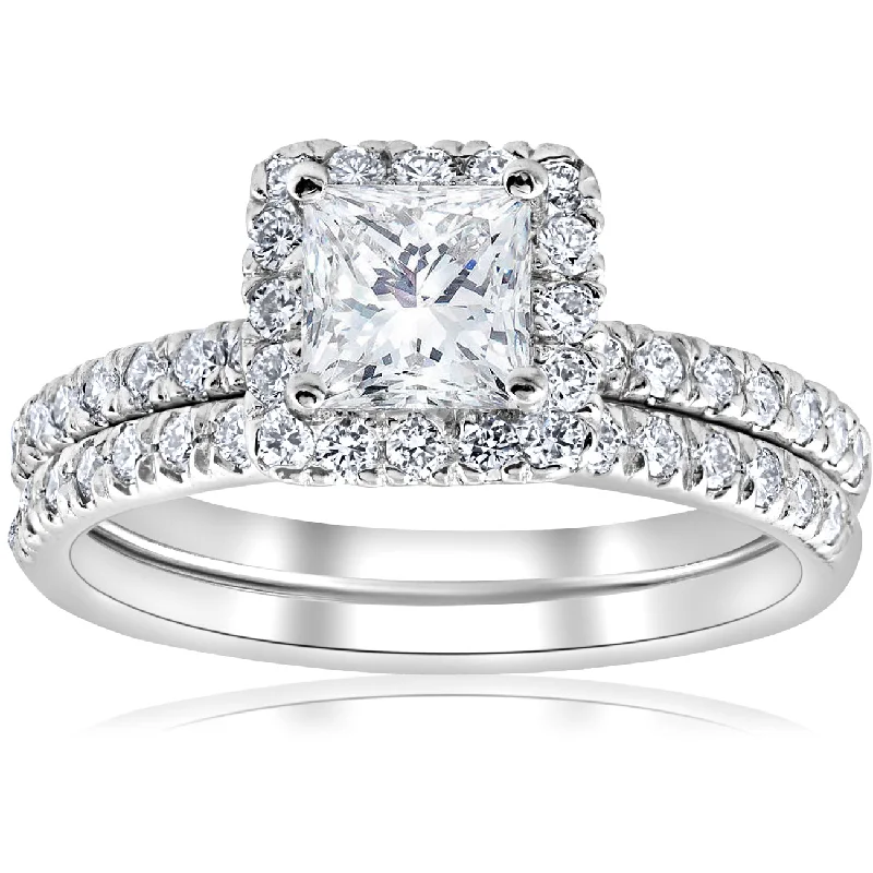 Ladies delicate engagement rings-2 5/8ct Princess Cut Halo Diamond Engagement Wedding Ring Set Lab Grown 14k Gold