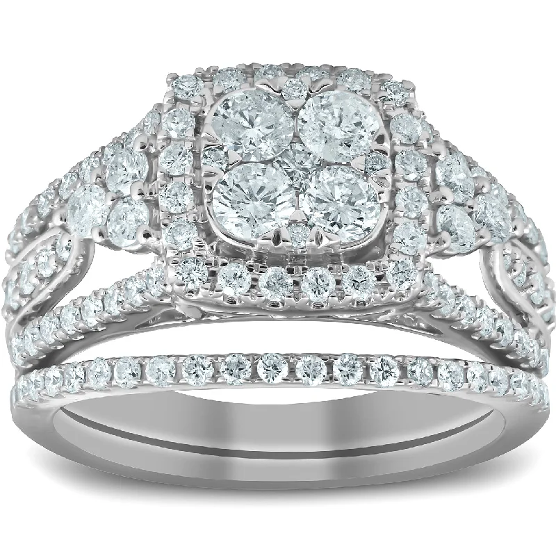 Ladies gold engagement rings-1 1/2 Ct Cushion Halo Round Diamond Engagement Wedding Ring Set 10k White Gold