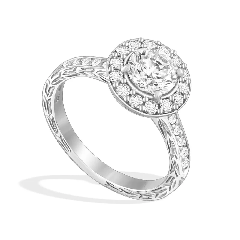 Ladies contemporary rings-Maile Scroll Solitaire Halo Ring