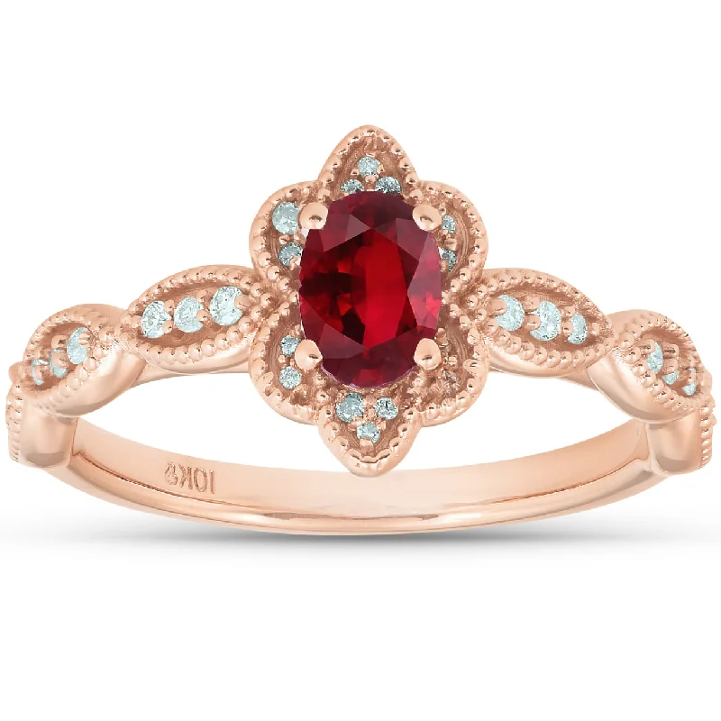 Ladies classic engagement rings-3/4 Ct Oval Genuine Ruby & Diamond Halo Anniversary Engagement Ring Rose Gold