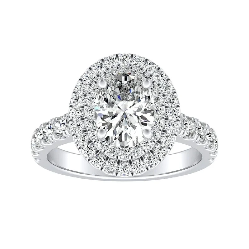 Ladies timeless engagement rings-Classic Oval Shape 1 1/4ctw Double Halo Diamond Engagement Ring 18k Gold by Auriya