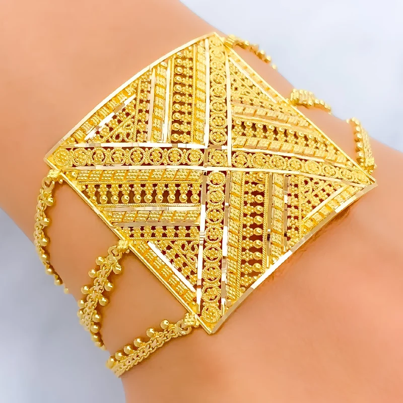 Ladies diamond bracelet for wedding-Decorative Striped 22k Gold Statement Bracelet