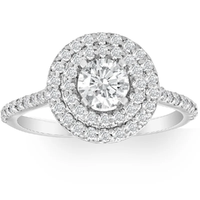 Ladies classic engagement rings-VS 1ct Double Halo Round Diamond Eco Friendly Lab Grown Engagement Ring 10k Gold